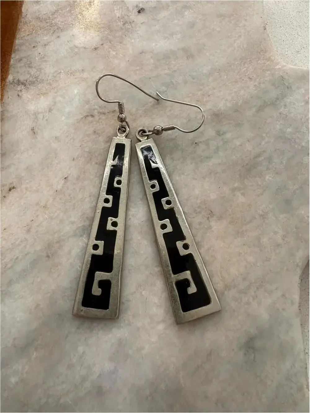 Vintage Alpaca Mexico Silver-Tone and Black Enamel Dangle Drop Earrings